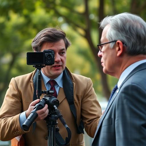 Bilde av en journalist som intervjuer en politiker